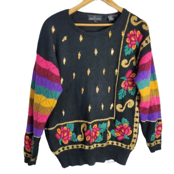 Vintage Sweaters - Vintage Carole Little Sweater Women Large Wool Black Rainbow Metallic Charms 90s